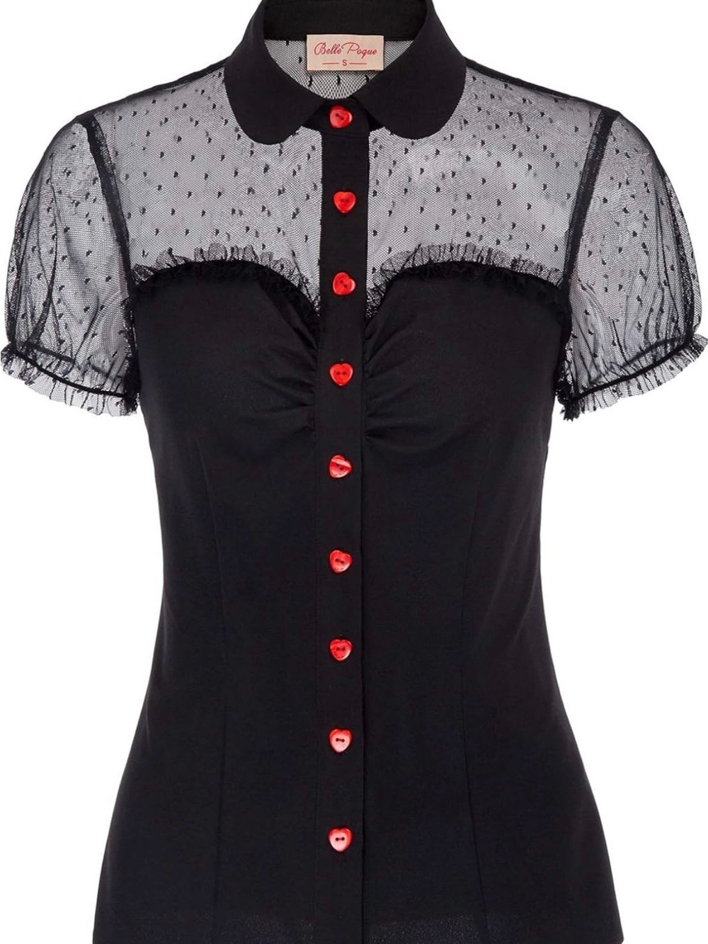 Belle Poque Black Sheer Yoke Button-Down Top with Red Heart Buttons